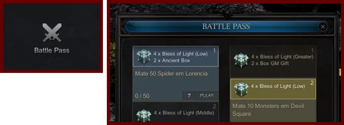 O botão e a janela do Battle Pass.